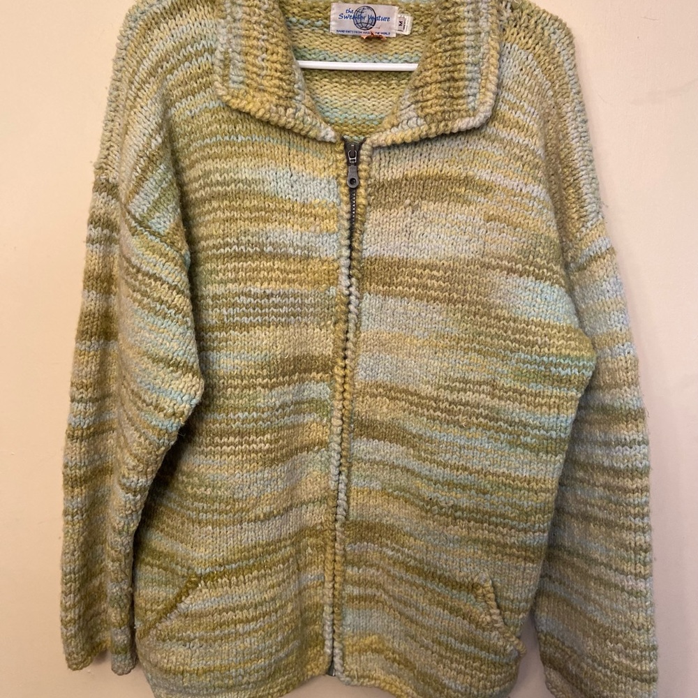 The Sweater Venture Heavy Wool Zip Cardigan M Shades of Green